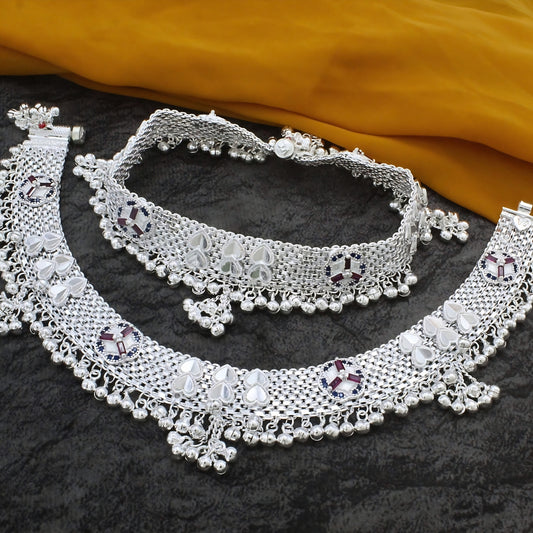 Real Silver Blue Pink CZ Women Dulhan Gola Payal Anklet – Pair