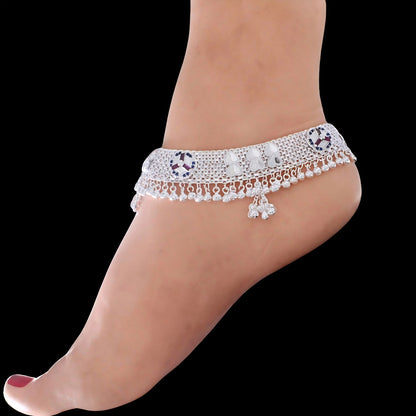 Real Silver Blue Pink CZ Women Dulhan Gola Payal Anklet – Pair