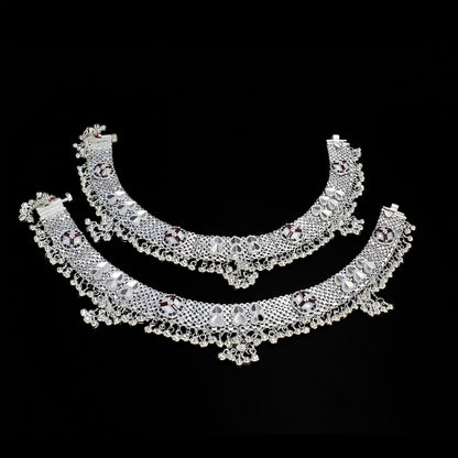 Real Silver Blue Pink CZ Women Dulhan Gola Payal Anklet – Pair