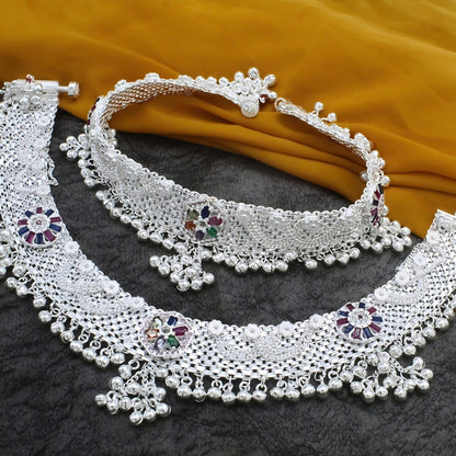 Heavy Rajwadi Jaal Payal - Real Silver Multi CZ Anklet