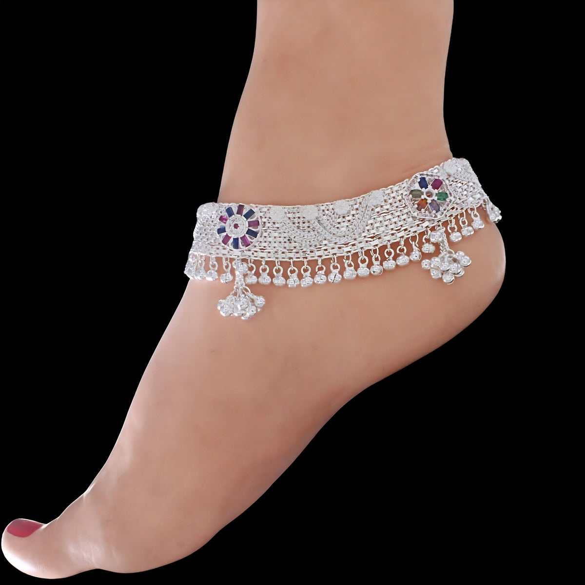 Heavy Rajwadi Jaal Payal - Real Silver Multi CZ Anklet