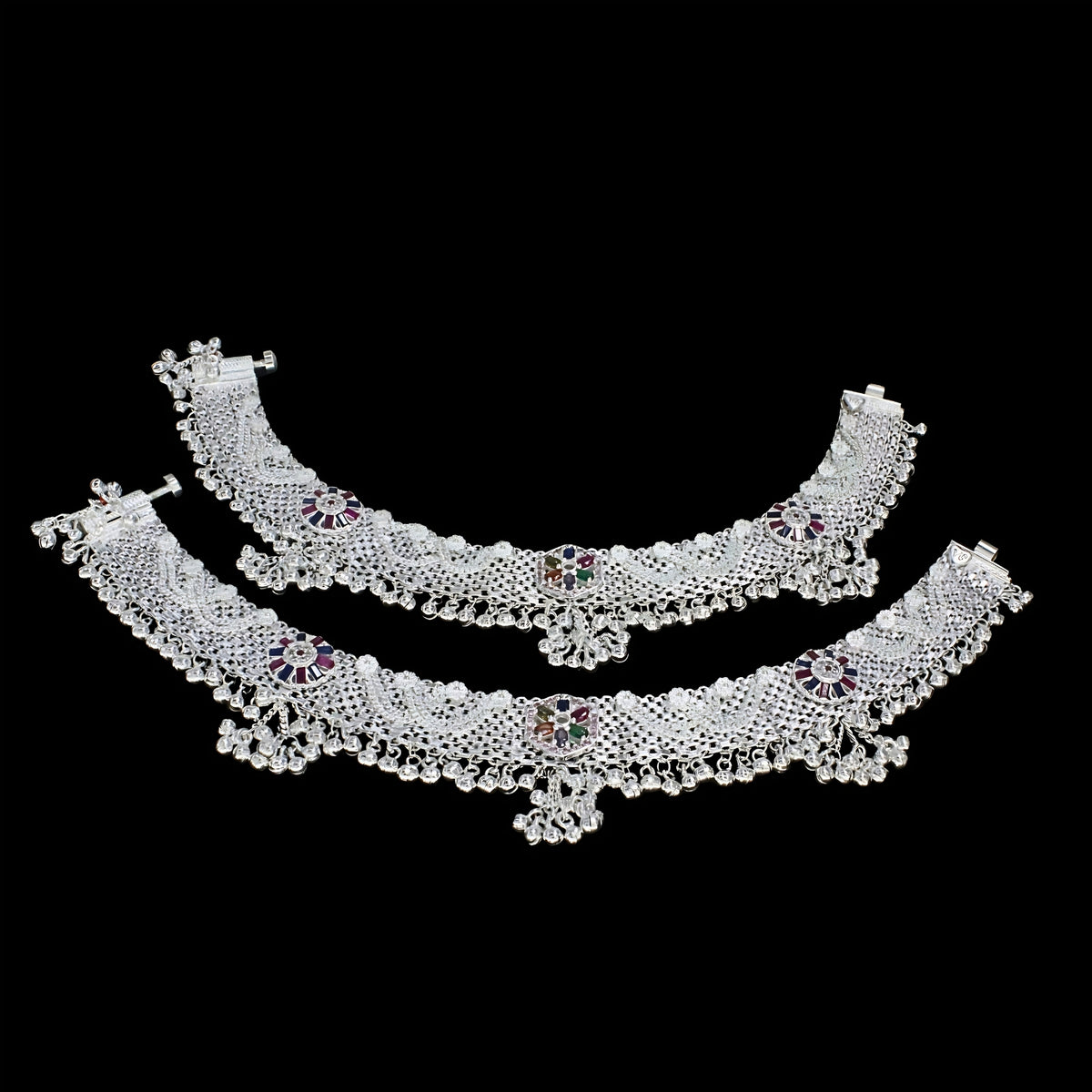 Heavy Rajwadi Jaal Payal - Real Silver Multi CZ Anklet
