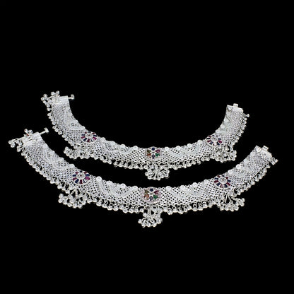 Heavy Rajwadi Jaal Payal - Real Silver Multi CZ Anklet