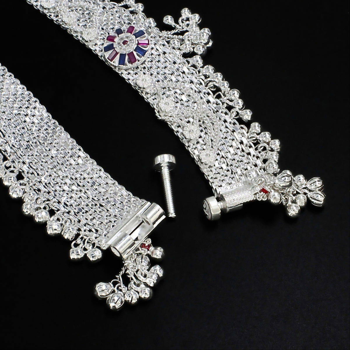 Heavy Rajwadi Jaal Payal - Real Silver Multi CZ Anklet
