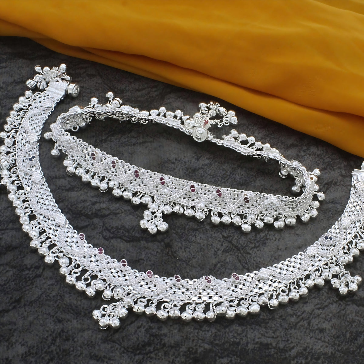 Real Silver Women Multi CZ Dulhan Panjeb Anklet – Pair 10 inch