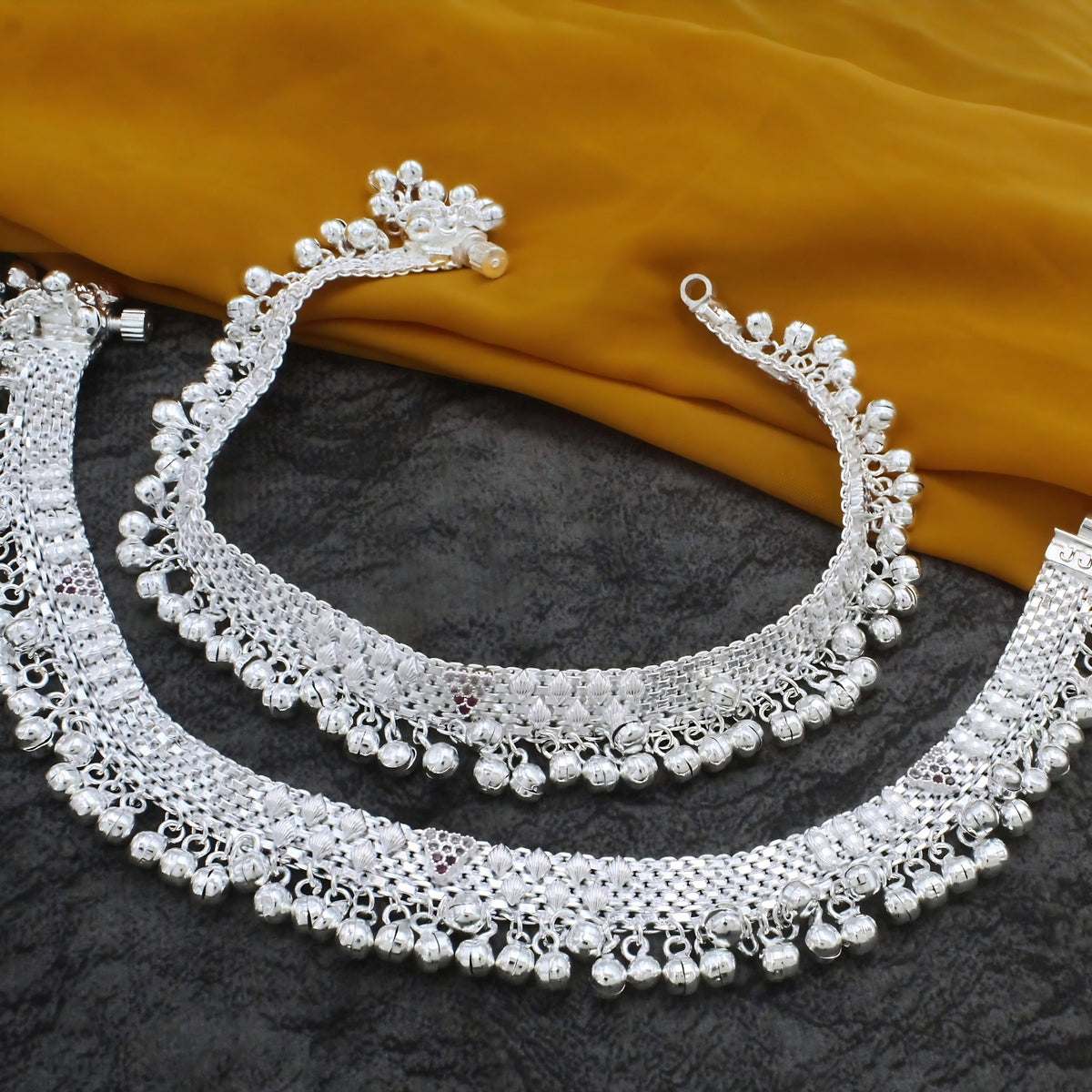 Real Silver Cultural Design Women Jhanjhar Pink CZ Anklet – Pair 10 inch