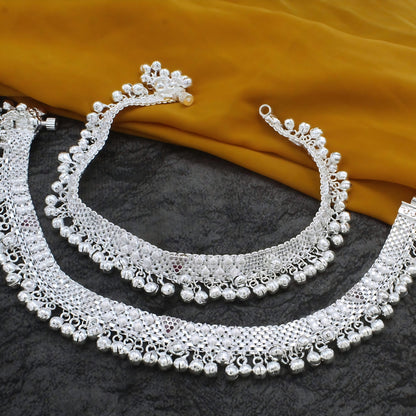 Real Silver Cultural Design Women Jhanjhar Pink CZ Anklet – Pair 10 inch
