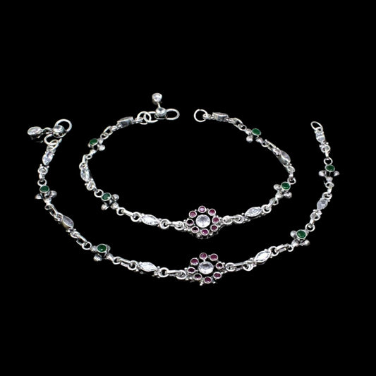 Indian 925 Real Sterling Silver CZ Oxidized Anklets 10.5"
