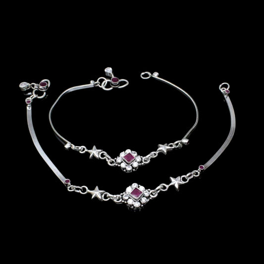 Indian Women Real 925 Sterling Silver CZ Oxidized Anklets 10.5"