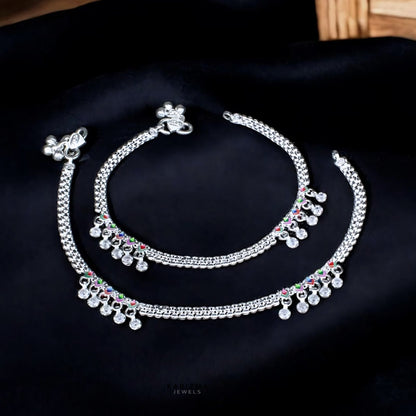 Real Silver Indian Women fabulous White CZ Anklets Ankle Pair 10.3"