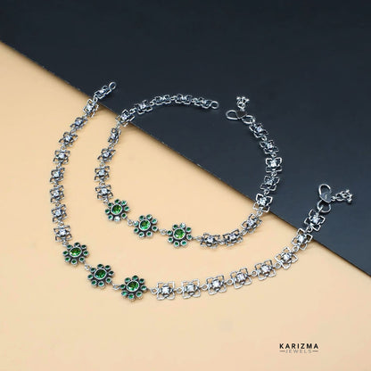 925 Sterling Silver Indian Women party wear CZ Oxidised Anklets Pair 10.3"