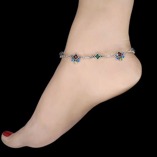 925 Sterling Silver Indian Women Multicolour CZ Oxidised Anklets Pair 10"