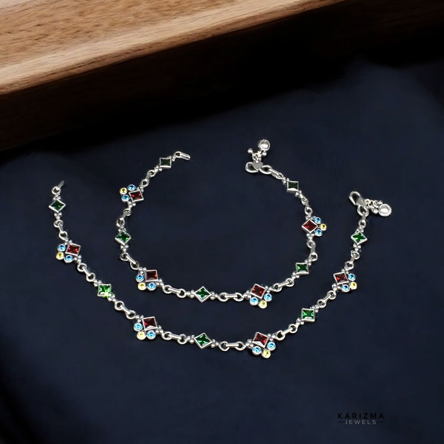 925 Sterling Silver Indian Women Multicolour CZ Oxidised Anklets Pair 10"