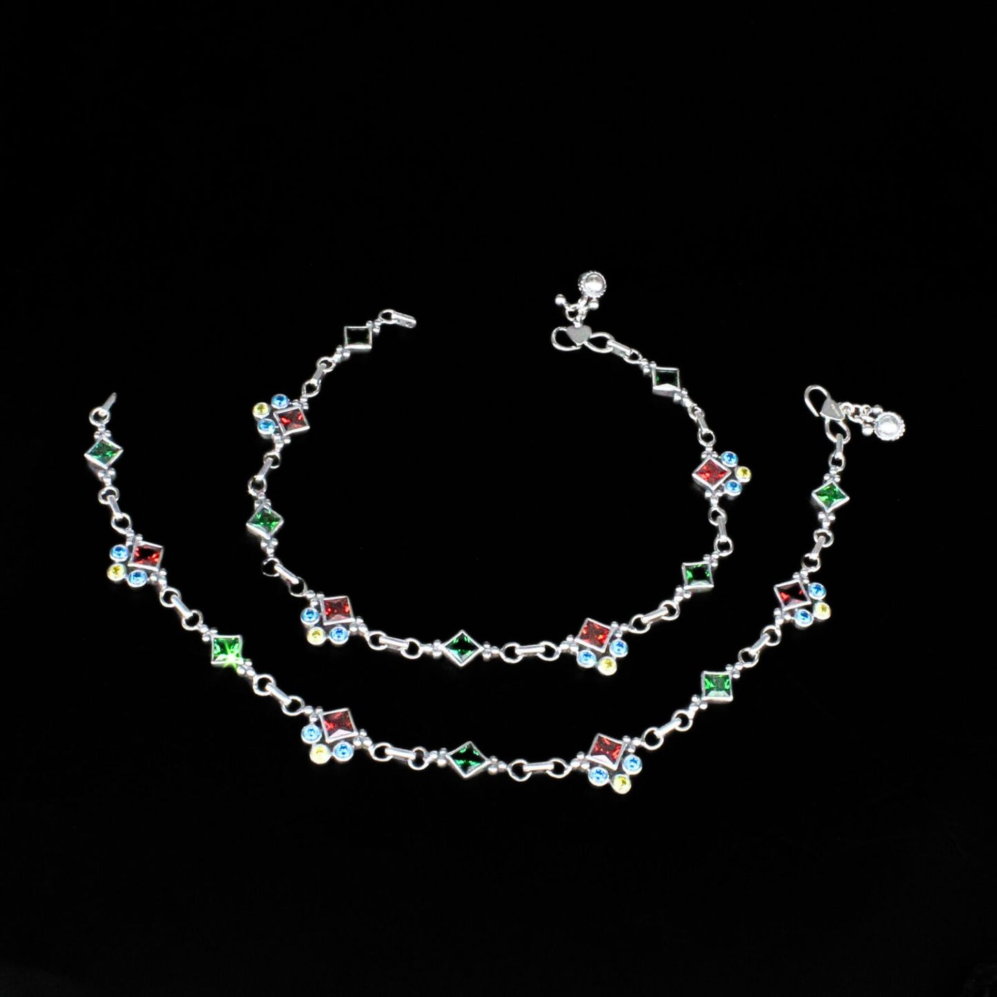 925 Sterling Silver Indian Women Multicolour CZ Oxidised Anklets Pair 10"