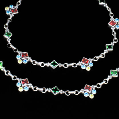 925 Sterling Silver Indian Women Multicolour CZ Oxidised Anklets Pair 10"