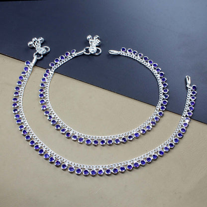 Real Silver Women Violet CZ Anklets Ankle Pair 10.5"