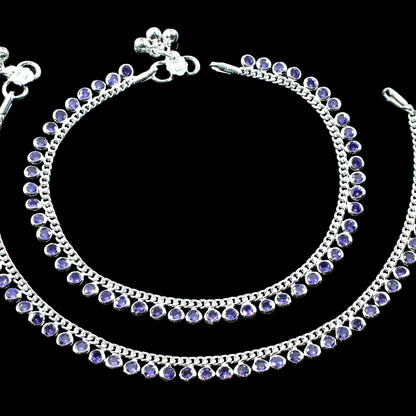 Real Silver Women Violet CZ Anklets Ankle Pair 10.5"