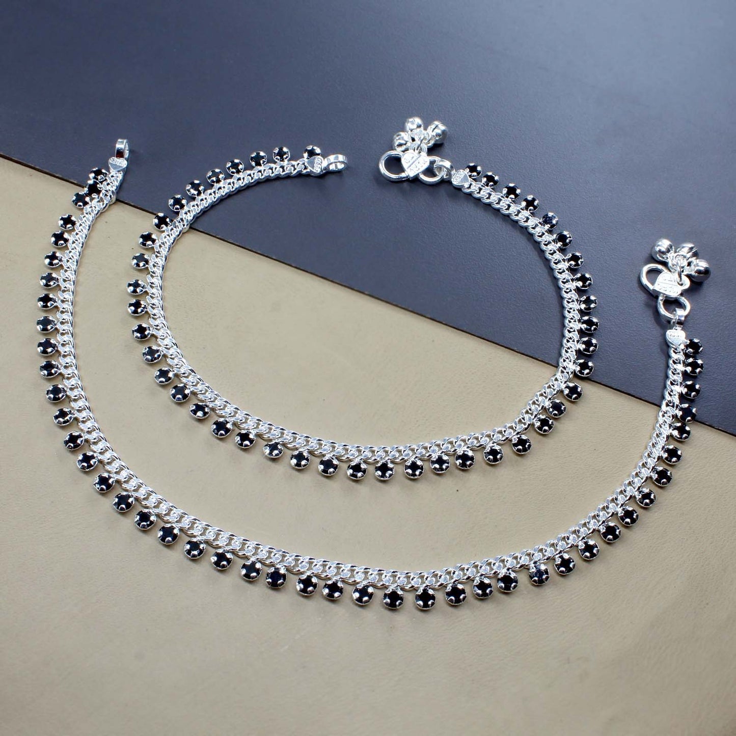 Indian Anklets Real Silver Black CZ Anklets Ankles Pair 10.5"