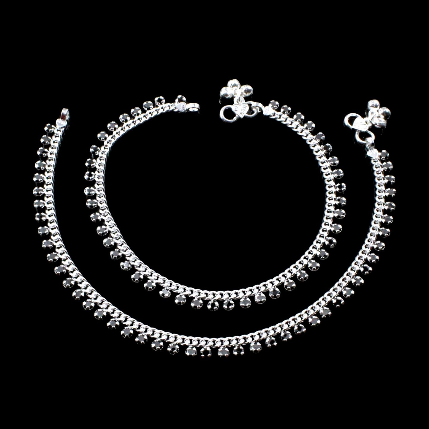 Indian Anklets Real Silver Black CZ Anklets Ankles Pair 10.5"