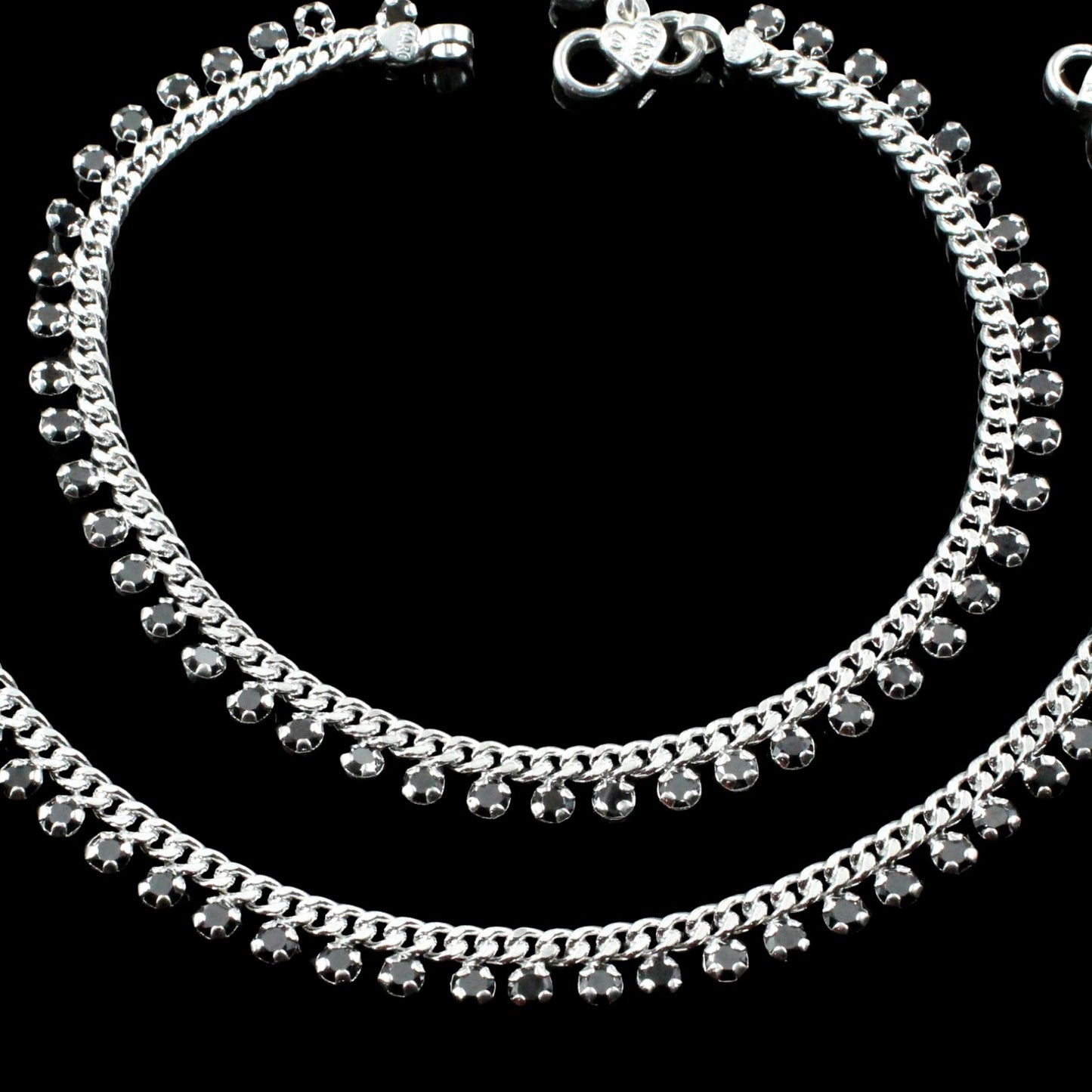 Indian Anklets Real Silver Black CZ Anklets Ankles Pair 10.5"