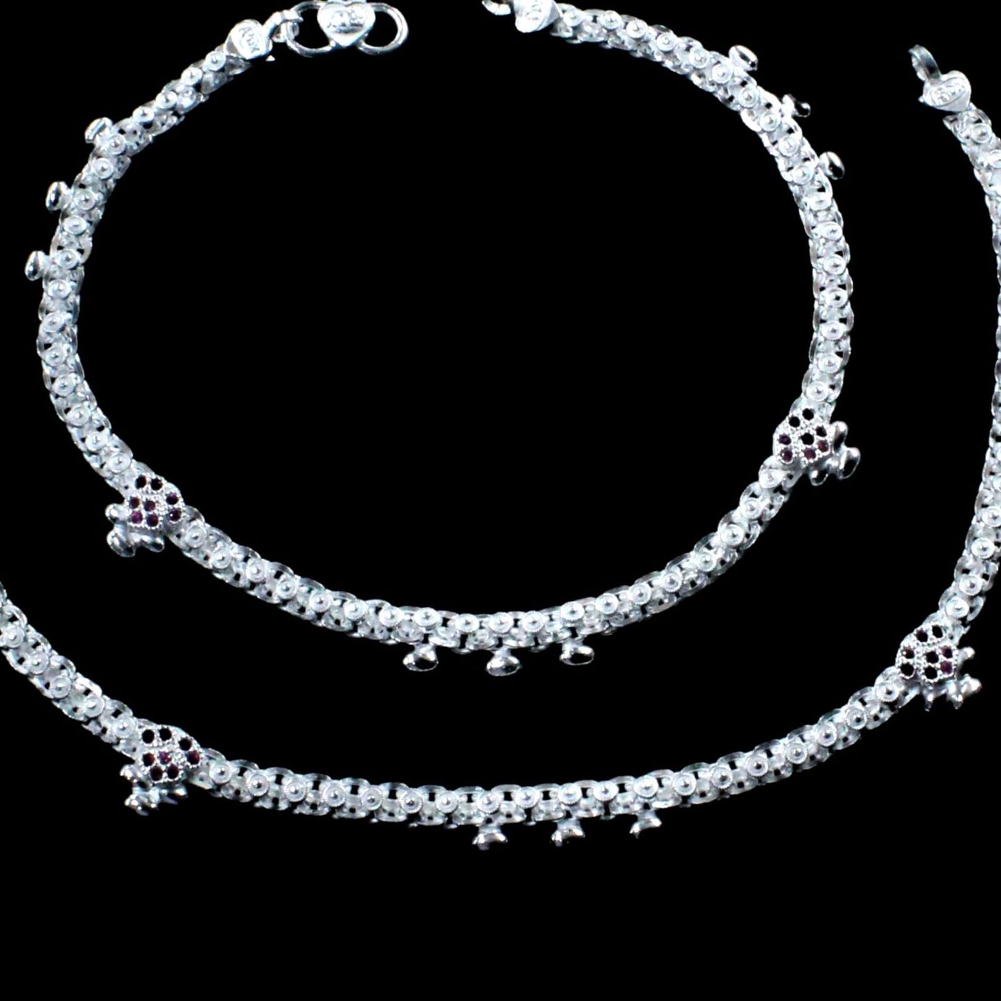 Real Silver Indian Women Pink CZ Anklets Ankle Pair 10.3"