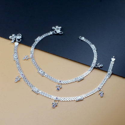 Real Silver Indian Women CZ Anklets Ankle Pair 10.3"