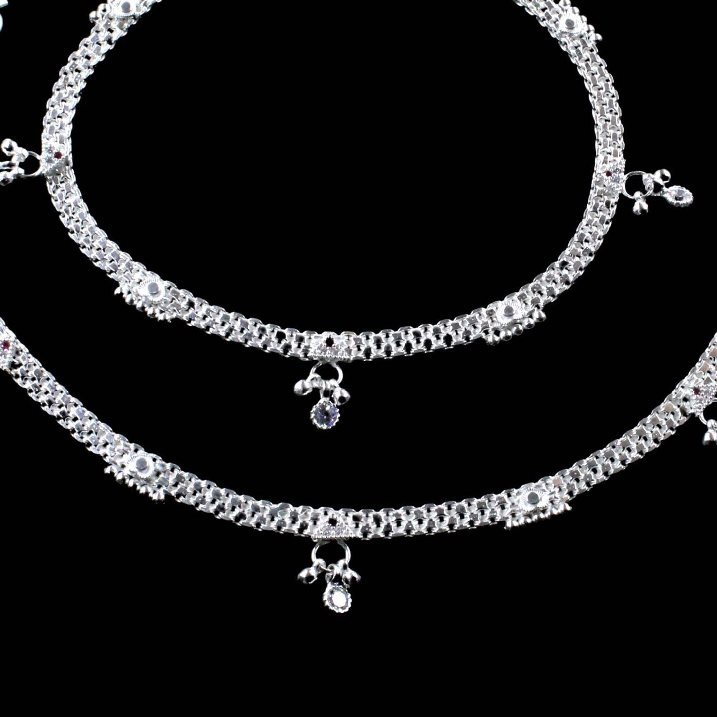 Real Silver Indian Women CZ Anklets Ankle Pair 10.3"