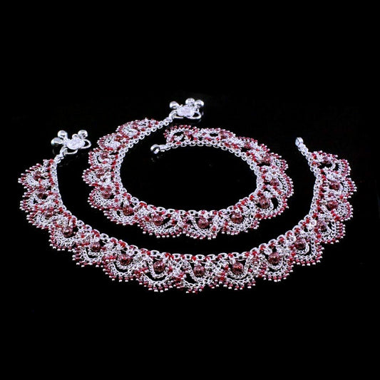 Red Bridal Silver Anklets for women 10.5"