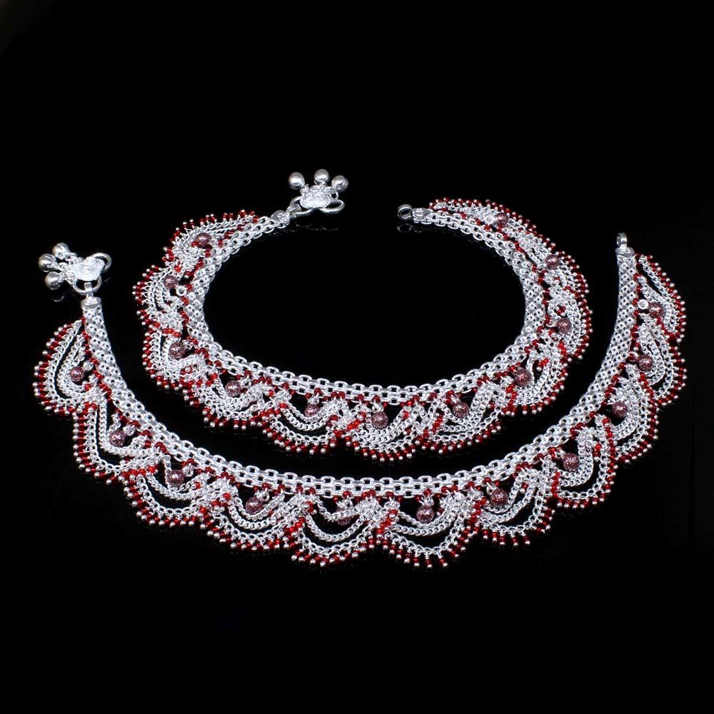 Red Beads Bridal Traditional Style Real 925 Silver Women Anklets Pair 10.5"