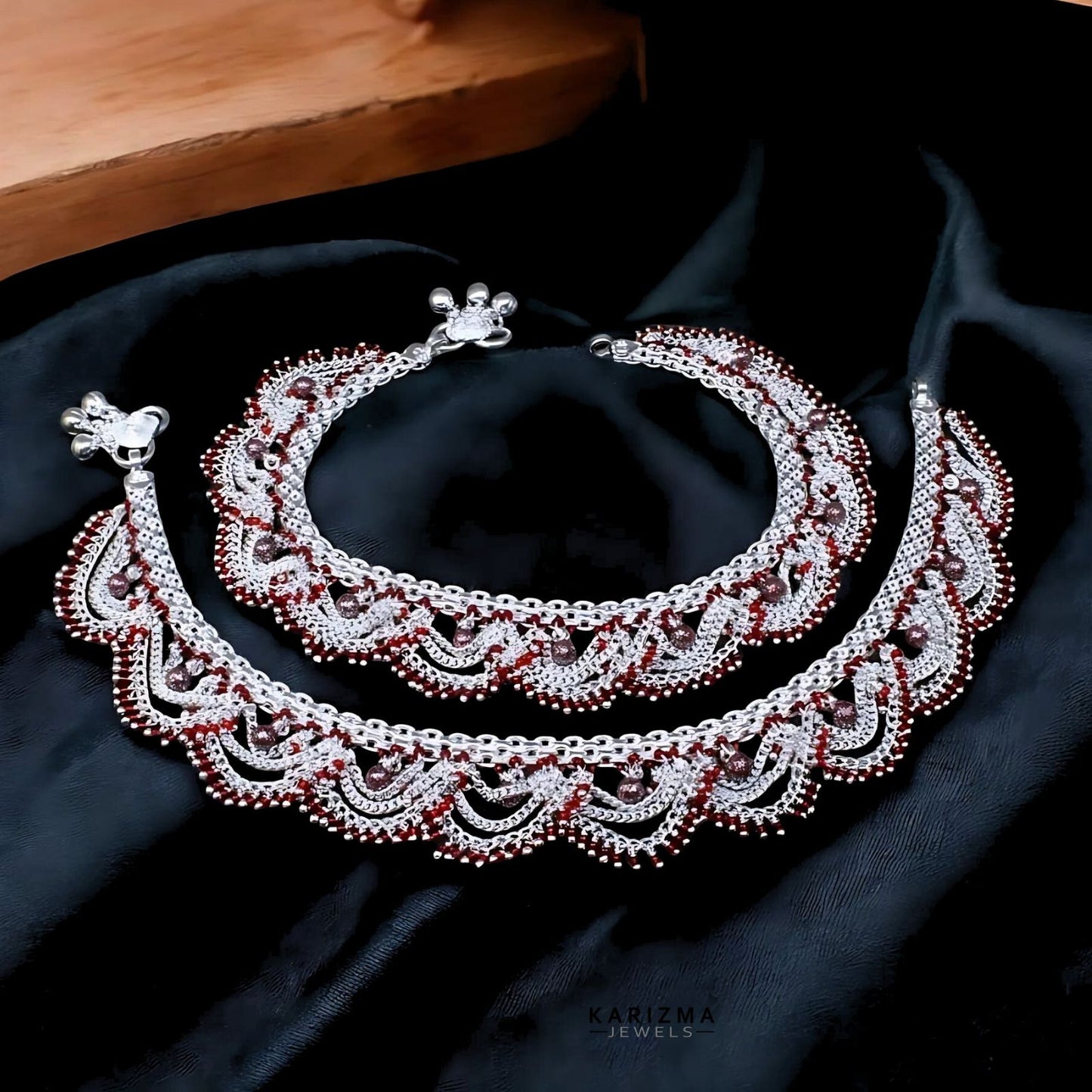 Red Beads Bridal Traditional Style Real 925 Silver Women Anklets Pair 10.5"