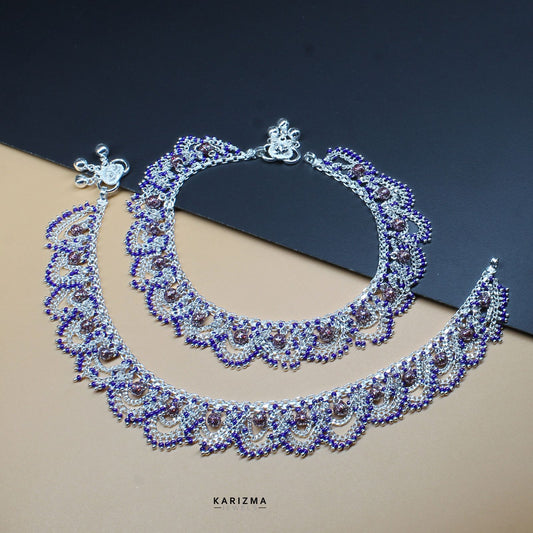 Amazing Indian handmade Blue beads Anklets Real Silver Bracelet Pair 10.5"