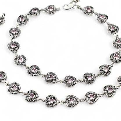 925 Sterling Silver Women Pink CZ Oxidised Hearts payal Anklet Pair 10.3"