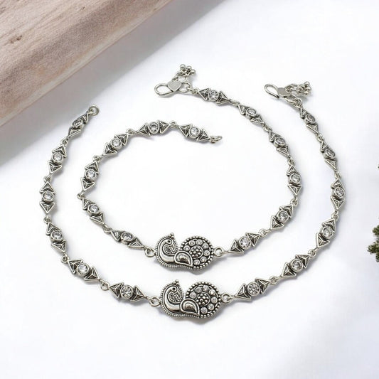 Beach wear 925 Sterling Silver White CZ Oxidised Peacock Anklet Pair 10.3"