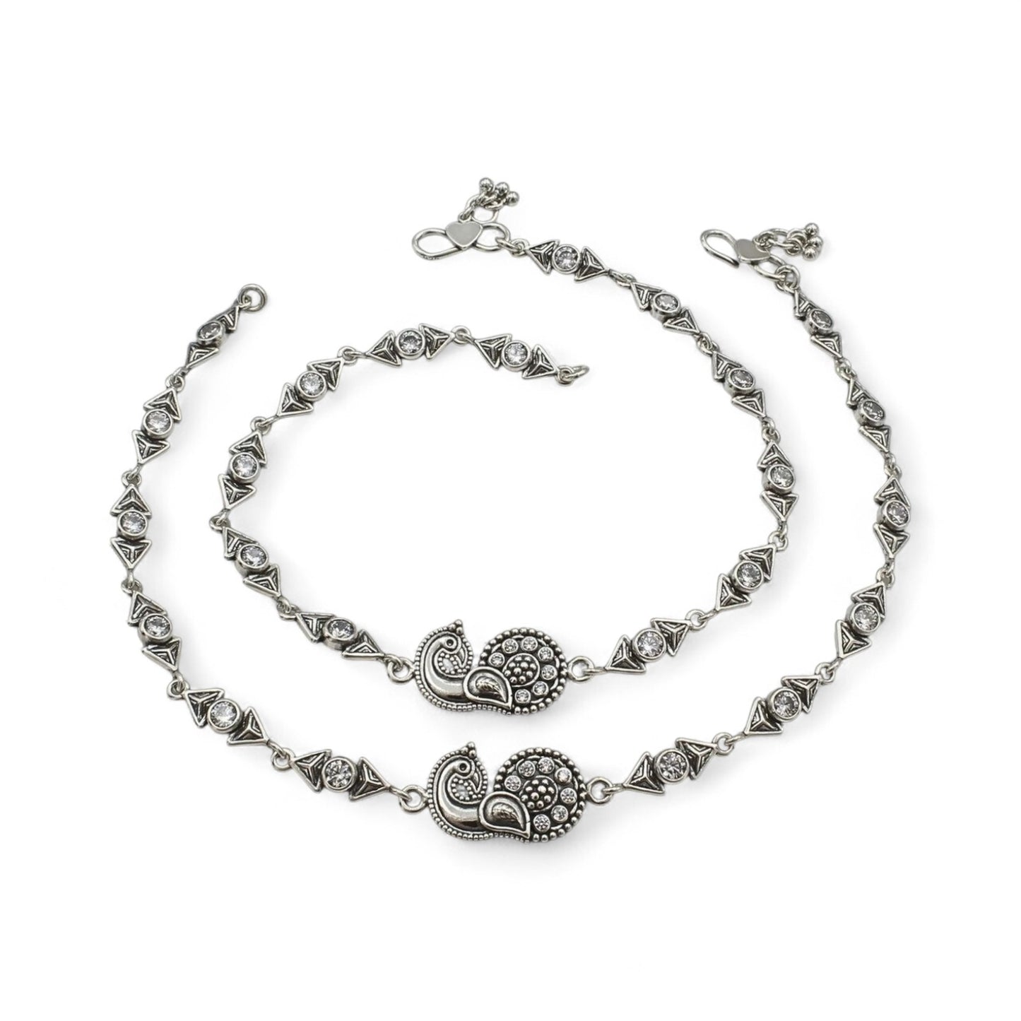Beach wear 925 Sterling Silver White CZ Oxidised Peacock Anklet Pair 10.3"