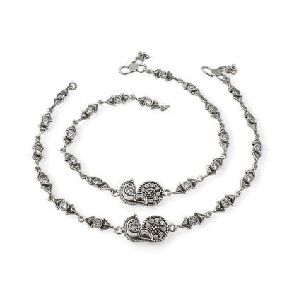 Beach wear 925 Sterling Silver White CZ Oxidised Peacock Anklet Pair 10.3"