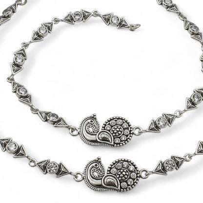 Beach wear 925 Sterling Silver White CZ Oxidised Peacock Anklet Pair 10.3"