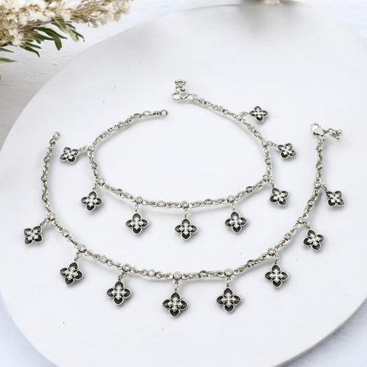 925 Sterling Silver floral White CZ Oxidised divine pajeb Anklet Pair 10.7"