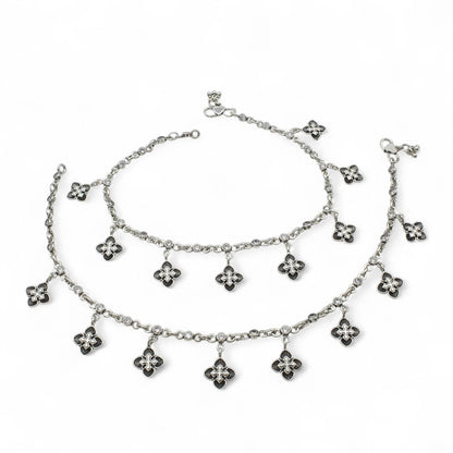 925 Sterling Silver floral White CZ Oxidised divine pajeb Anklet Pair 10.7"