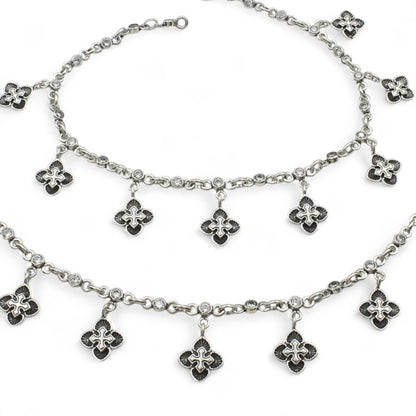 925 Sterling Silver floral White CZ Oxidised divine pajeb Anklet Pair 10.7"