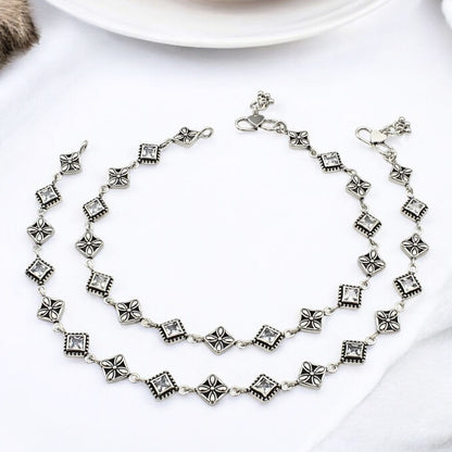 925 Sterling Silver White CZ Oxidised divine  payal Anklet Pair 10.3"
