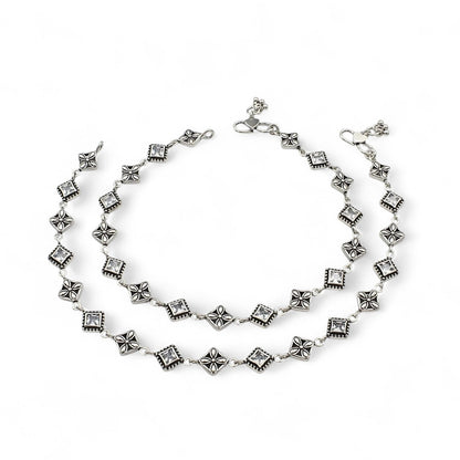 925 Sterling Silver White CZ Oxidised divine  payal Anklet Pair 10.3"