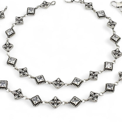 925 Sterling Silver White CZ Oxidised divine  payal Anklet Pair 10.3"