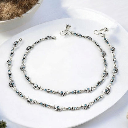 925 Sterling Silver Blue CZ Oxidised Moon design pajeb Anklet Pair 10.5"