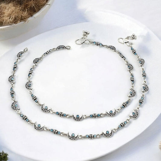 925 Sterling Silver Blue CZ Oxidised Moon design pajeb Anklet Pair 10.5"