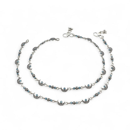 925 Sterling Silver Blue CZ Oxidised Moon design pajeb Anklet Pair 10.5"