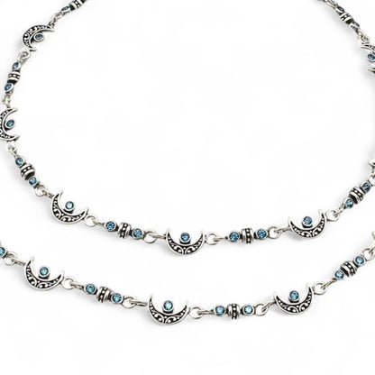 925 Sterling Silver Blue CZ Oxidised Moon design pajeb Anklet Pair 10.5"