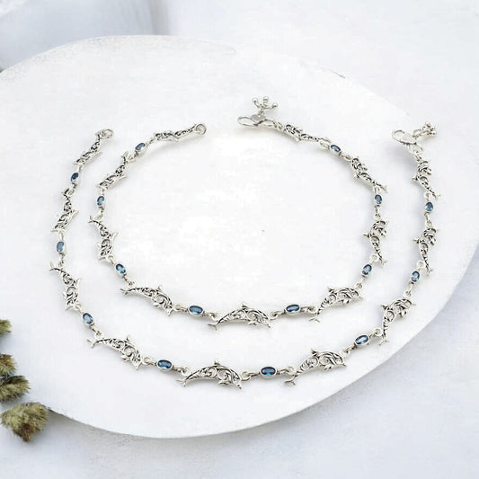 Trendy Dolphin 925 Sterling Silver Blue CZ Oxidised payal Anklet Pair 10.8"