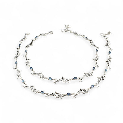 Trendy Dolphin 925 Sterling Silver Blue CZ Oxidised payal Anklet Pair 10.8"