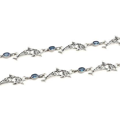 Trendy Dolphin 925 Sterling Silver Blue CZ Oxidised payal Anklet Pair 10.8"