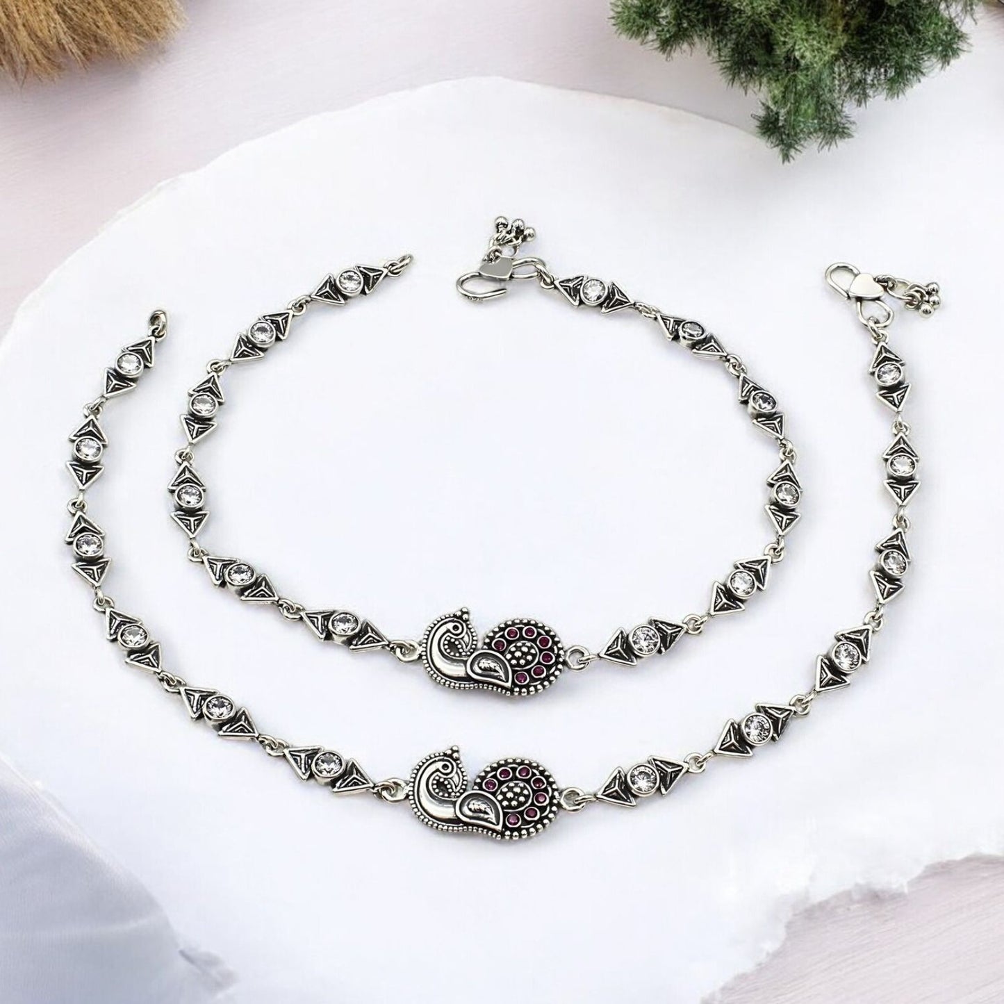 925 Sterling Silver Pink White CZ Oxidised Peacock pajeb Anklet Pair 10"